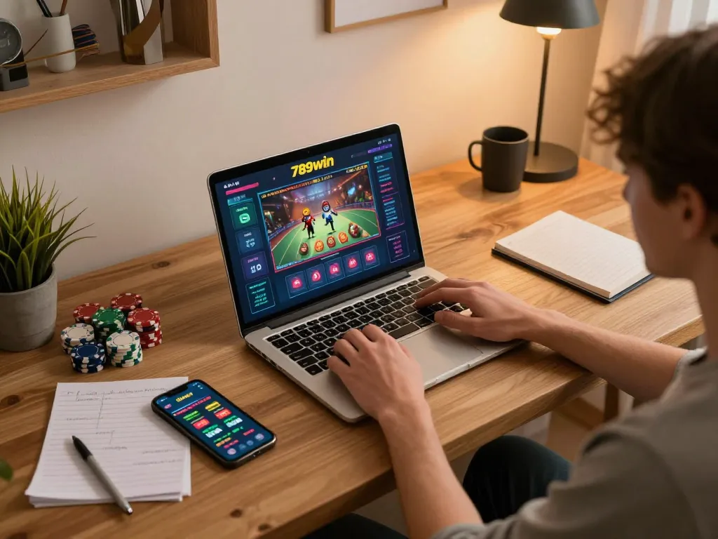 Engaging gameplay on 789win online casino platform with strategic notes in cozy home setting