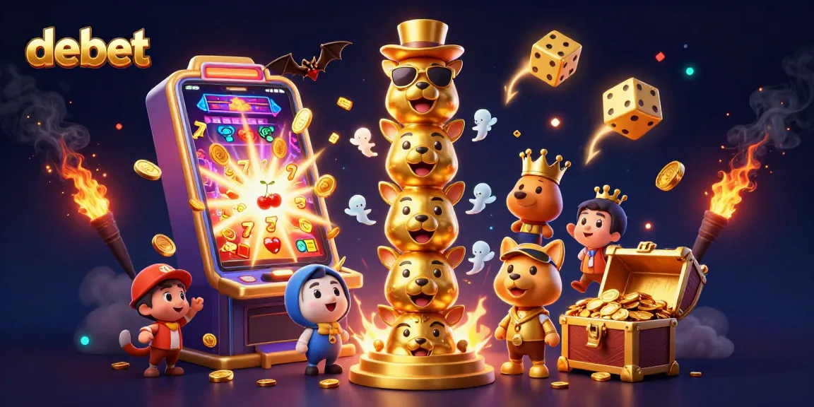 Engage with debet's vibrant 3D casino scene featuring a golden totem and dynamic slot elements.
