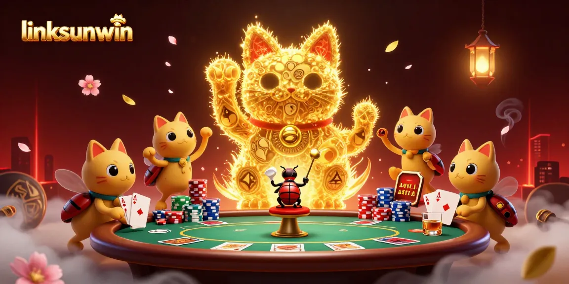 Join linksunwin on an exciting casino adventure with poker chips and a giant lucky cat!