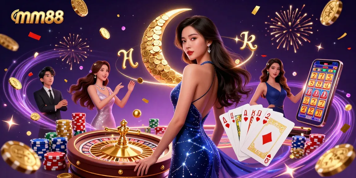 Experience mm88 gambling with an elegant Asian woman surrounded by coins and casino elements.