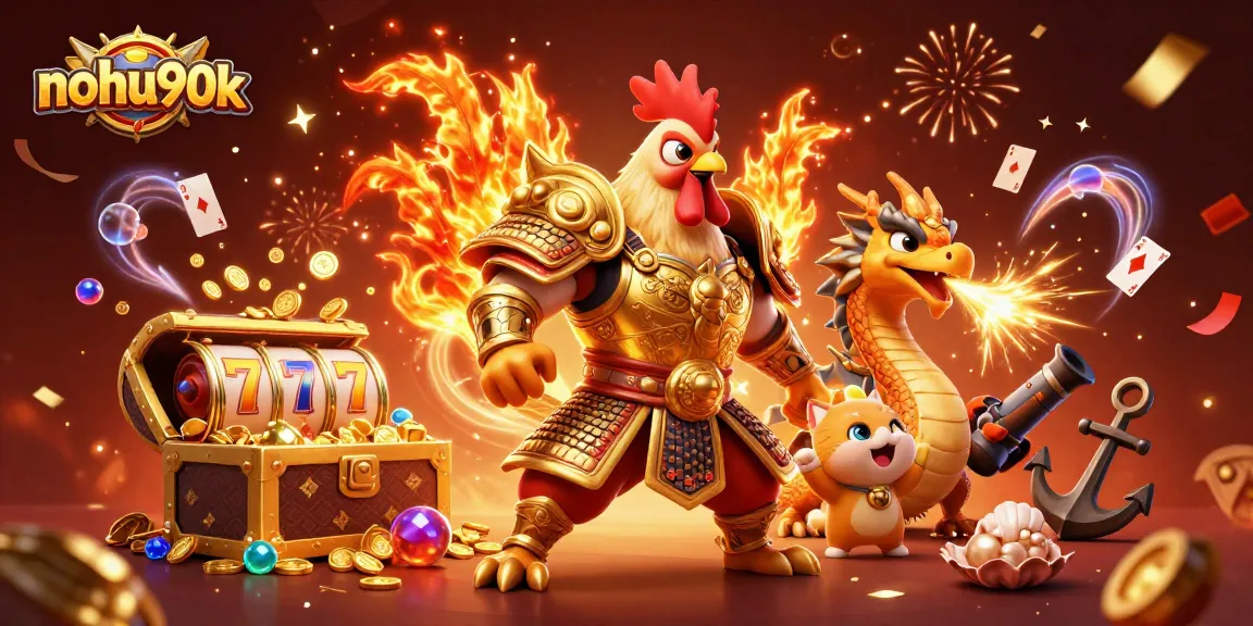 Nohu90k showcases a vibrant 3D illustration of a rooster warrior and dragon hatchling amidst casino elements, embodying thrilling gameplay.