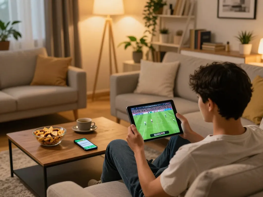 Socolive user streaming a live football match on a tablet in a cozy living room setting.