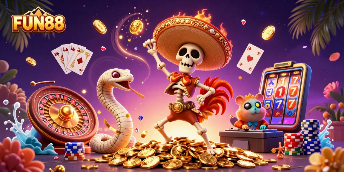 Fun88 features a lively victory dance scene with characters amidst casino elements, showcasing vibrant gaming action.