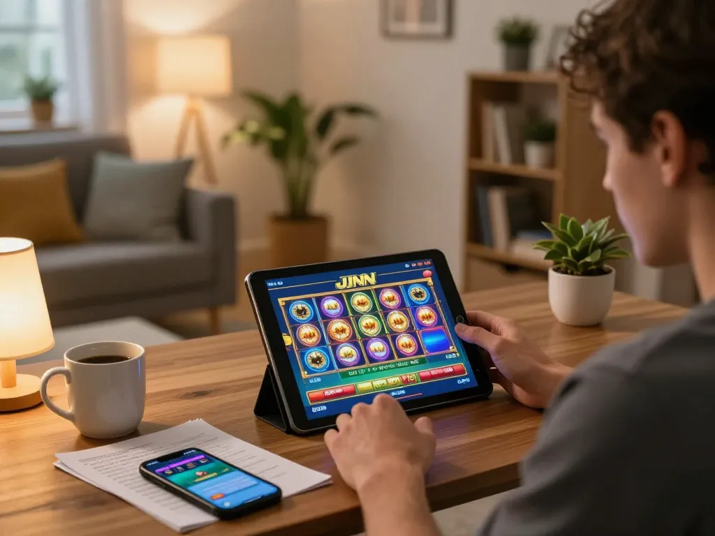 Engaging in JJNN Slots gameplay on a tablet in a cozy home setting, reflecting an immersive online gaming atmosphere