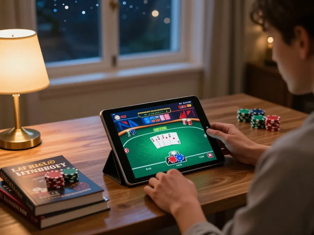 Cena envolvente de um jogador usando HH55 para um jogo de poker online imersivo com anotações de estratégia visíveis.