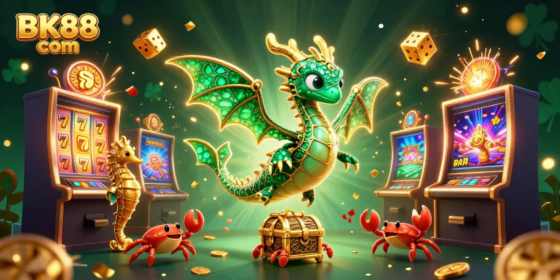 Experience the thrill with BK88 com through a vivid casino scene featuring a sea dragon and treasure elements.