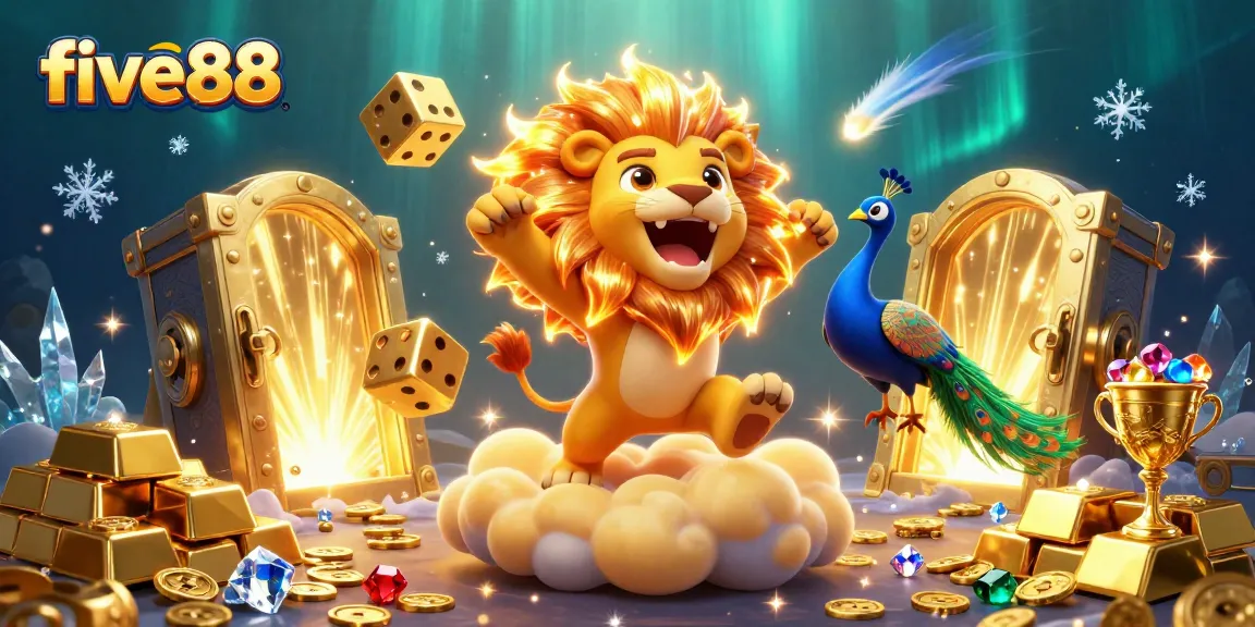 Experience the excitement of five88 as golden dice tumble and treasures sparkle in a vibrant casino scene.