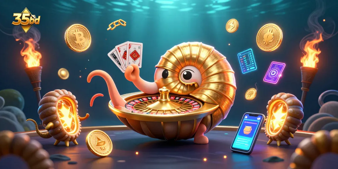 Play with excitement at the vibrant 35bd casino filled with golden shells and cryptocurrency coins.