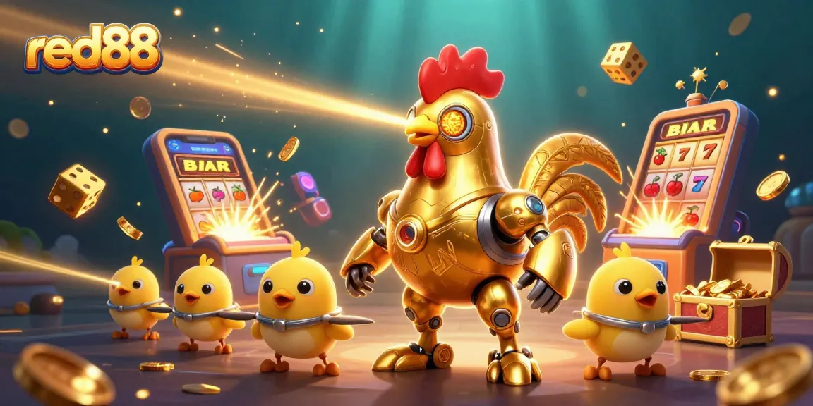 Engage with the vibrant red88 casino world, featuring golden rooster robot and exciting game elements.