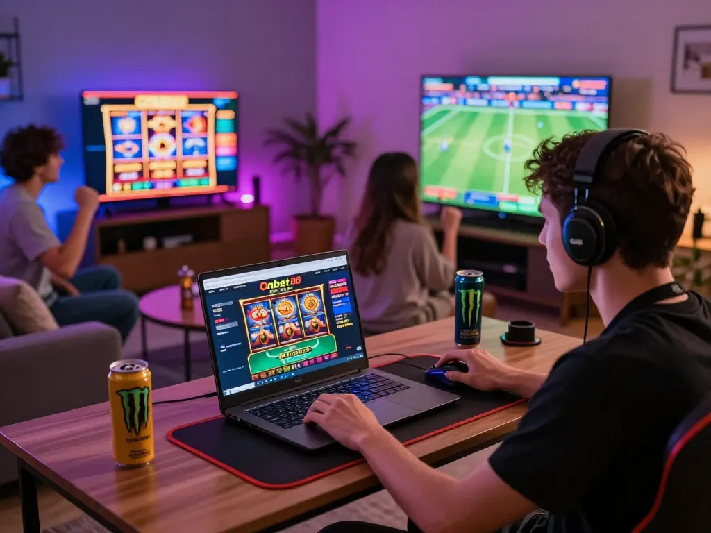 Onbet 88 gaming scene with players engaged in sports betting and casino games.