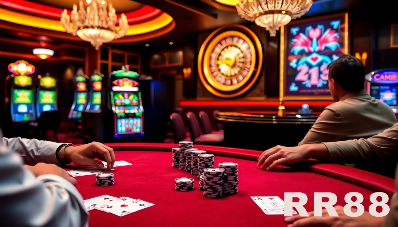 Experience electrifying poker action with RR88 at a sophisticated casino table adorned with vibrant chips.