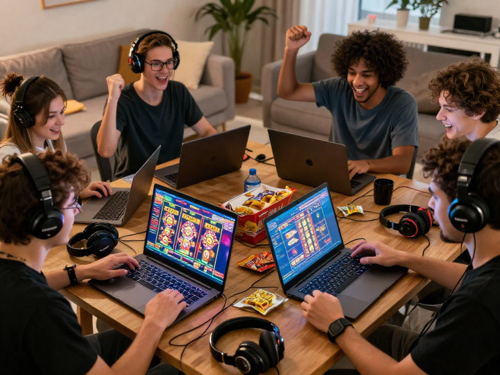 Jogadores se divertindo com a SPBET, cercados por jogos em destaque e prêmios.