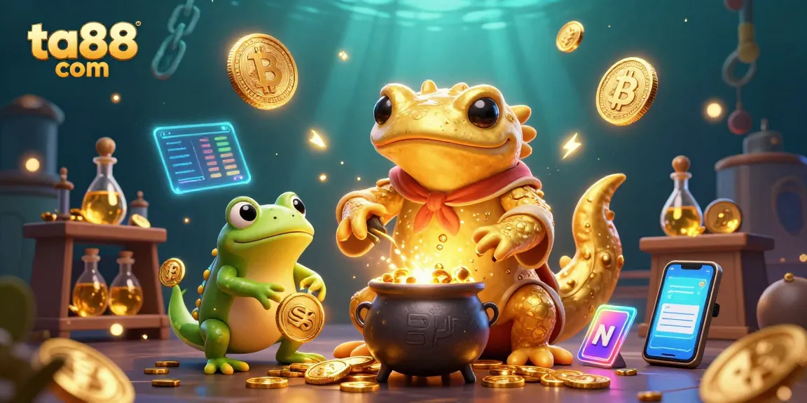 Join the excitement at ta88 com with golden coins and digital currencies in a vibrant gaming scene.