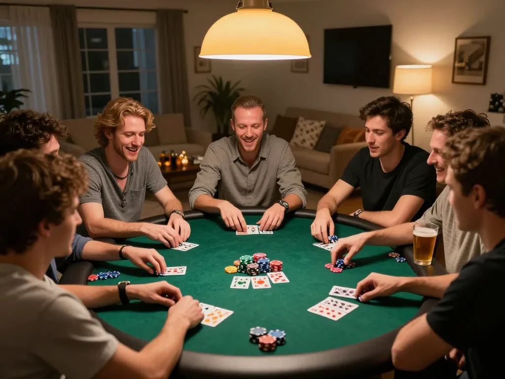 Friends enjoying a lively poker game at home, focusing on FIVE88 gaming strategies and friendly atmosphere.