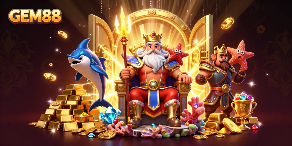 Engage with GEM88's vibrant 3D casino world featuring Neptune and treasures illuminating the excitement.