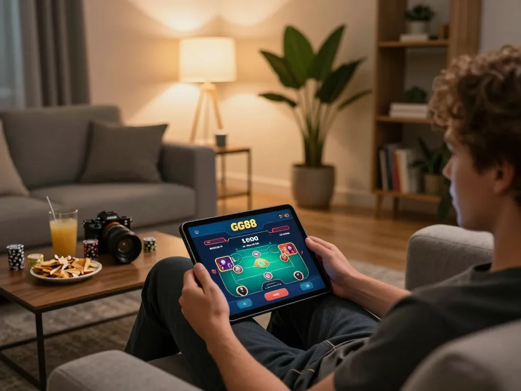 Play poker live with GG88 COM app in a cozy home setting, showcasing online gambling excitement