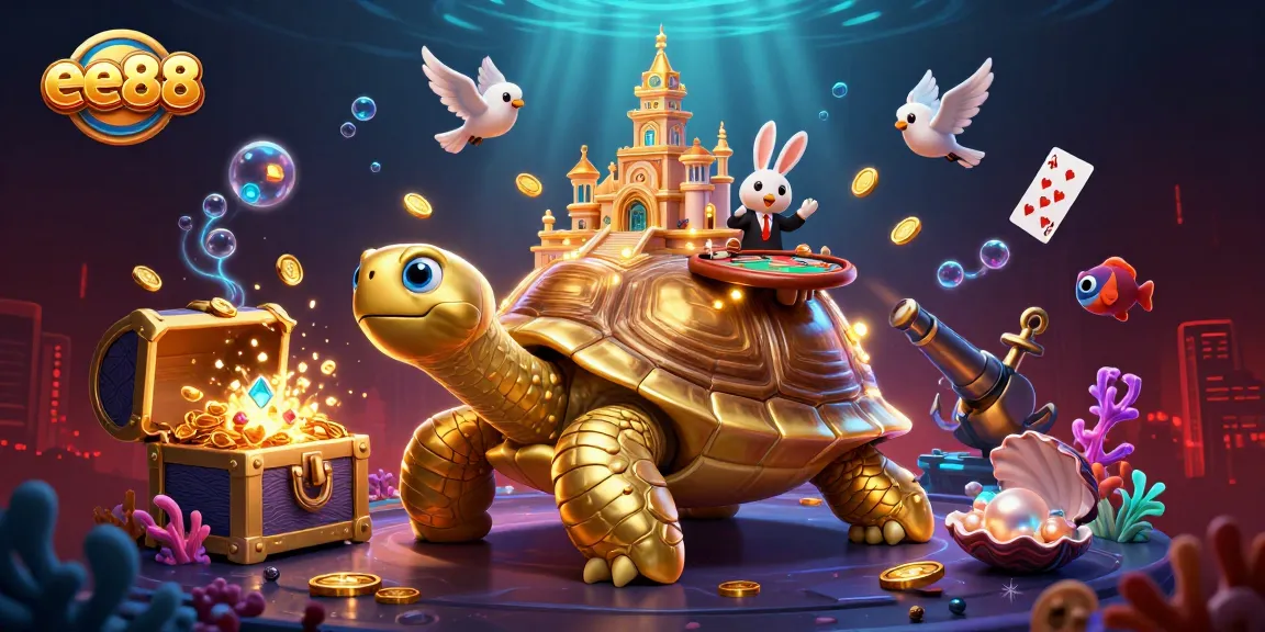 Experience the thrill of ee88's dynamic casino world with golden tortoise, vibrant dealer, and treasure elements.