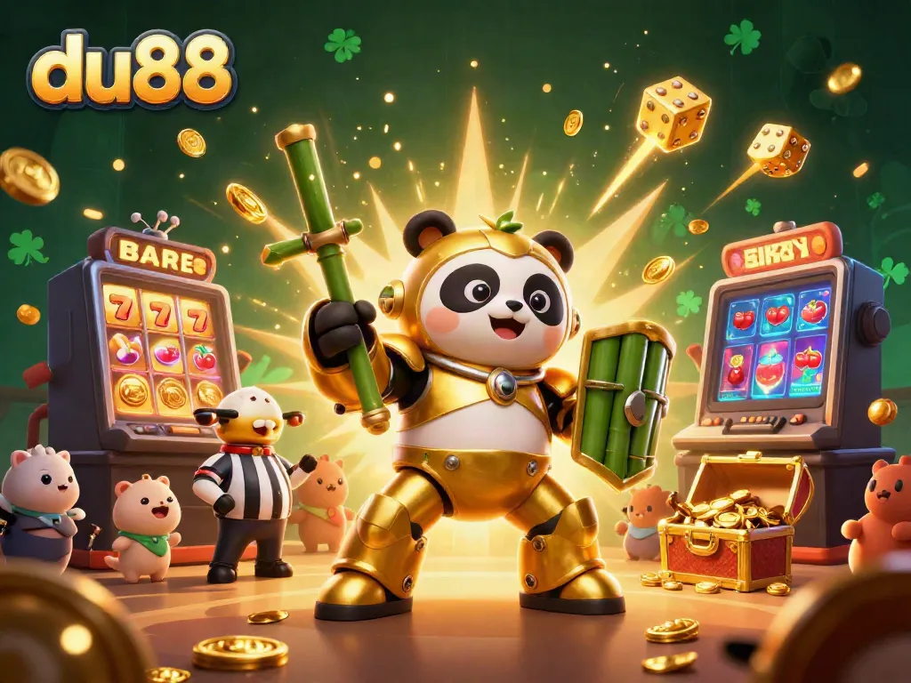 Experience thrilling action at du88 with a dynamic scene showcasing a mech-suit panda in a vibrant casino showdown.