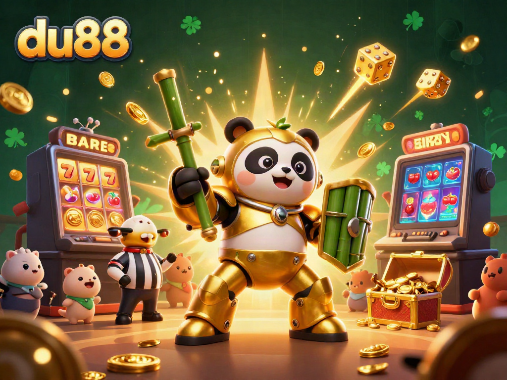 Experience thrilling action at du88 with a dynamic scene showcasing a mech-suit panda in a vibrant casino showdown.