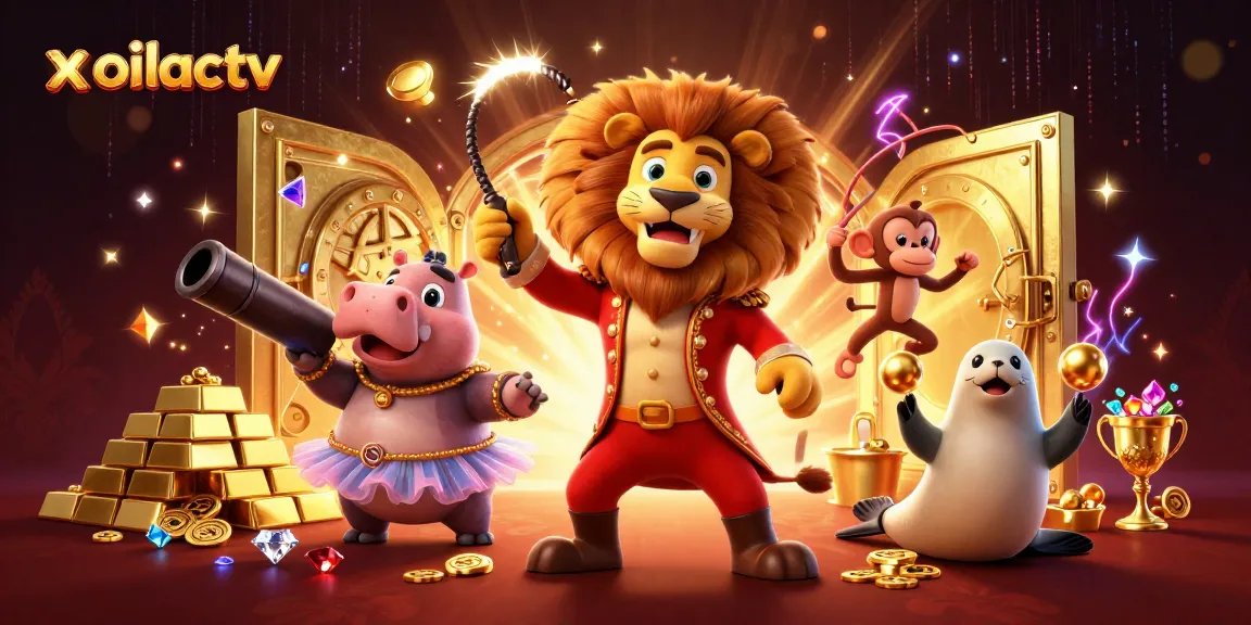 Xoilactv offers a thrilling gambling experience with vivid cartoon characters amidst gold treasures.
