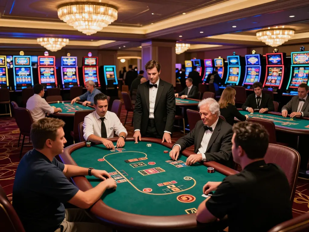 Players engaging in intense poker games at a vibrant casino floor featuring gk888 activities