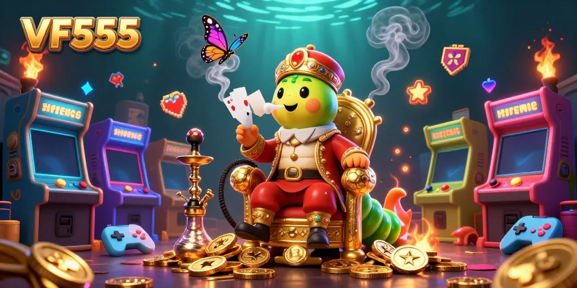 Engage in fun casino action with VF555 as the 3D hookah-master blows smoke rings in a vibrant gaming scene.
