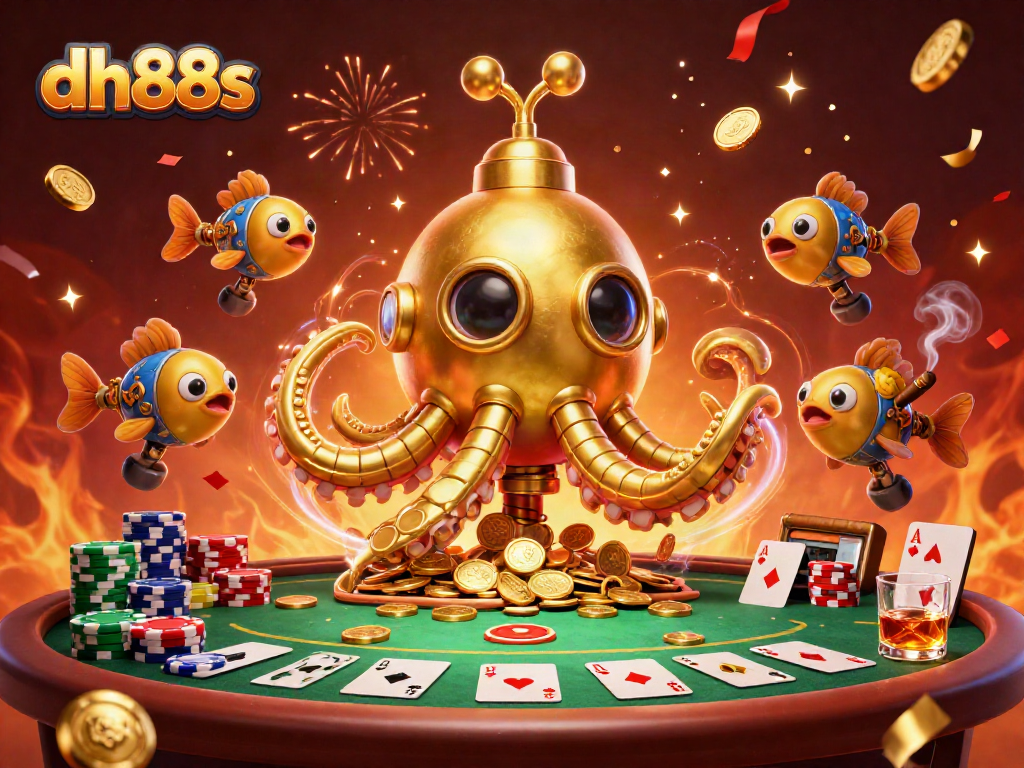 Join the excitement at dh88s with a 3D kraken submarine amidst poker thrills and golden coins.