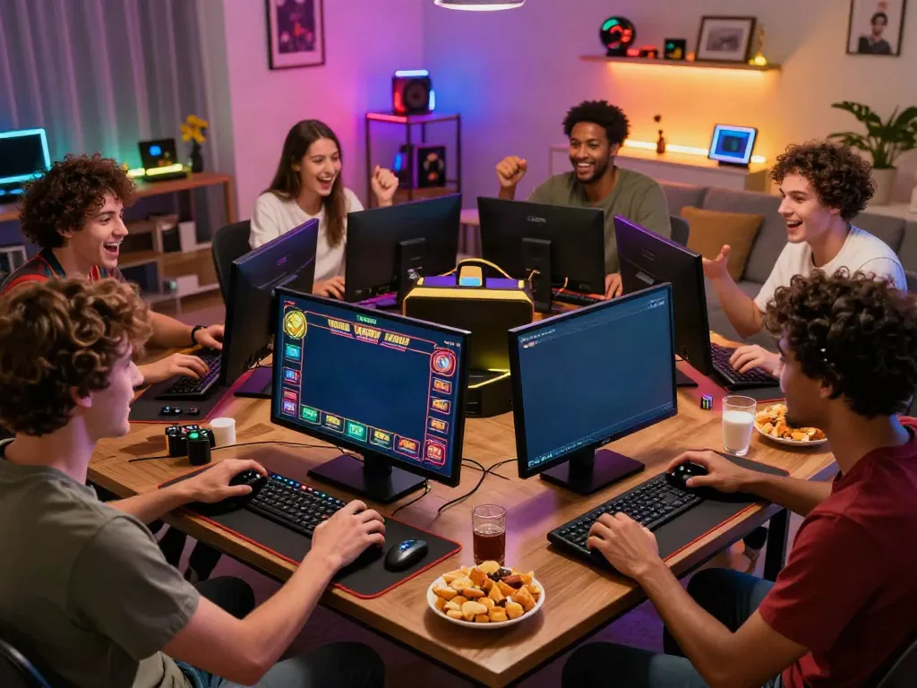 Friends enjoying TA88 online casino games together in a vibrant living room.