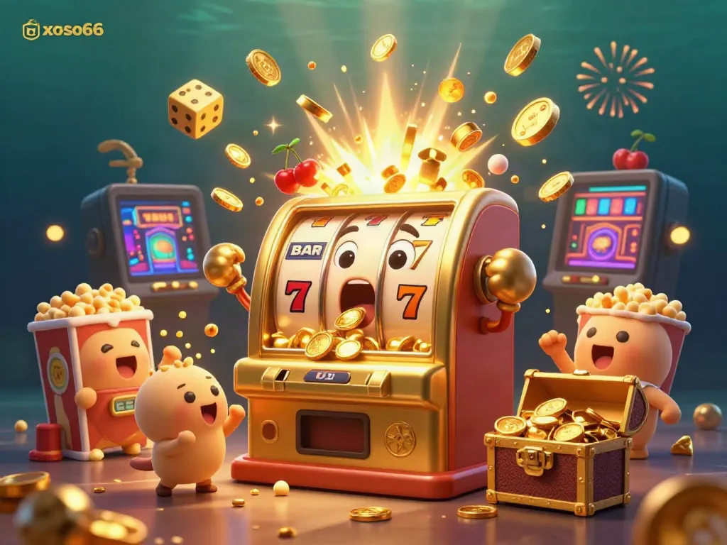 xoso66 celebrates winning with a cartoon slot machine pouring out coins in a vibrant casino scene.