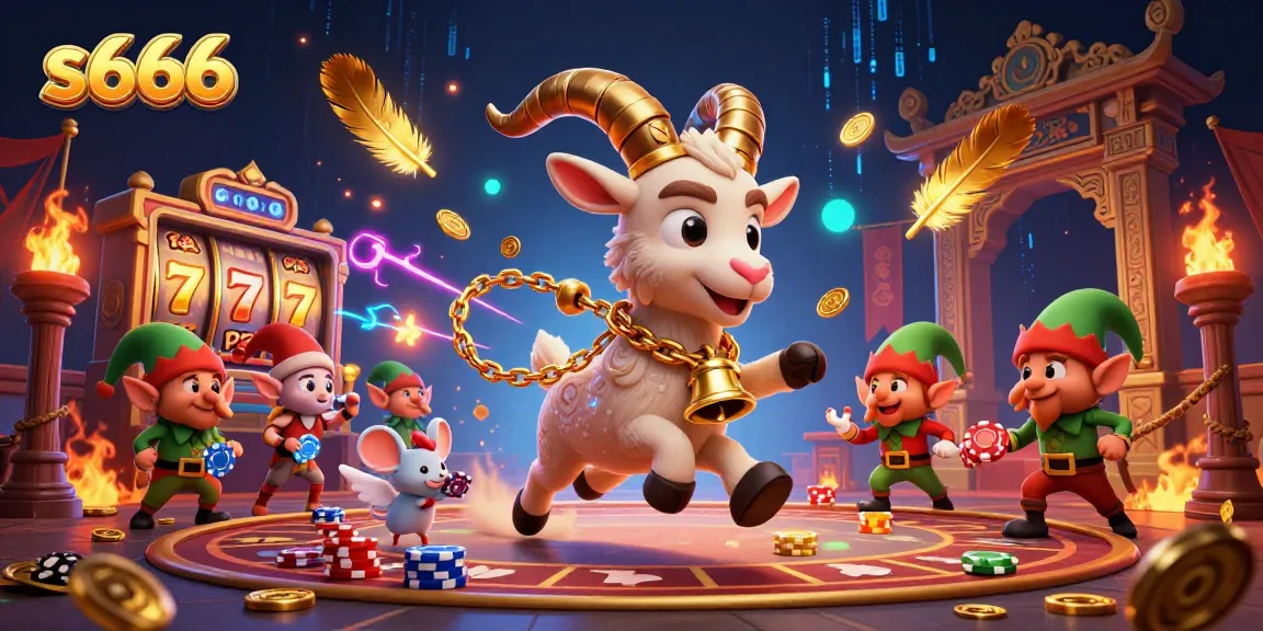 S666 casino scene featuring Krampus goat, angel mouse, and elf gremlins amid swirling elements and slot game motifs