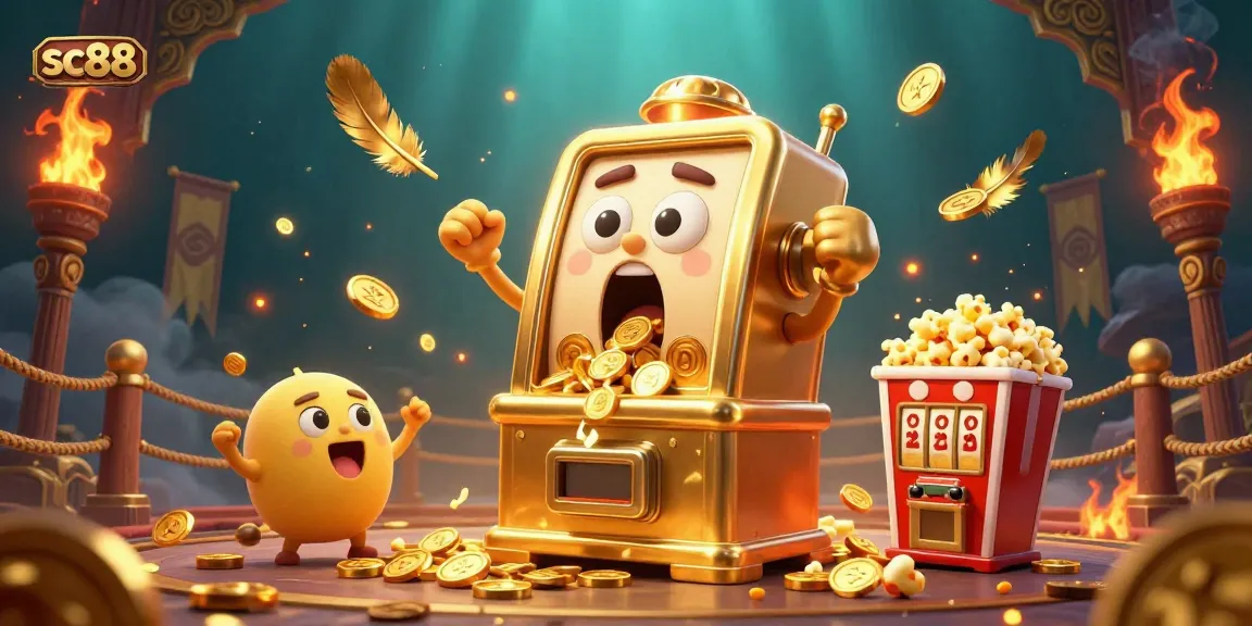 sc88 slot machine hits jackpot, surrounded by cheering baby slots and golden coins in a vibrant casino scene