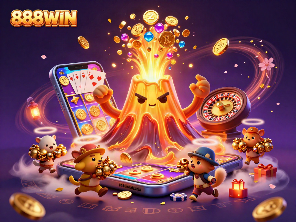 Spin and win with 888WIN as golden coins erupt from a magical volcano and animated treasure-filled scene.