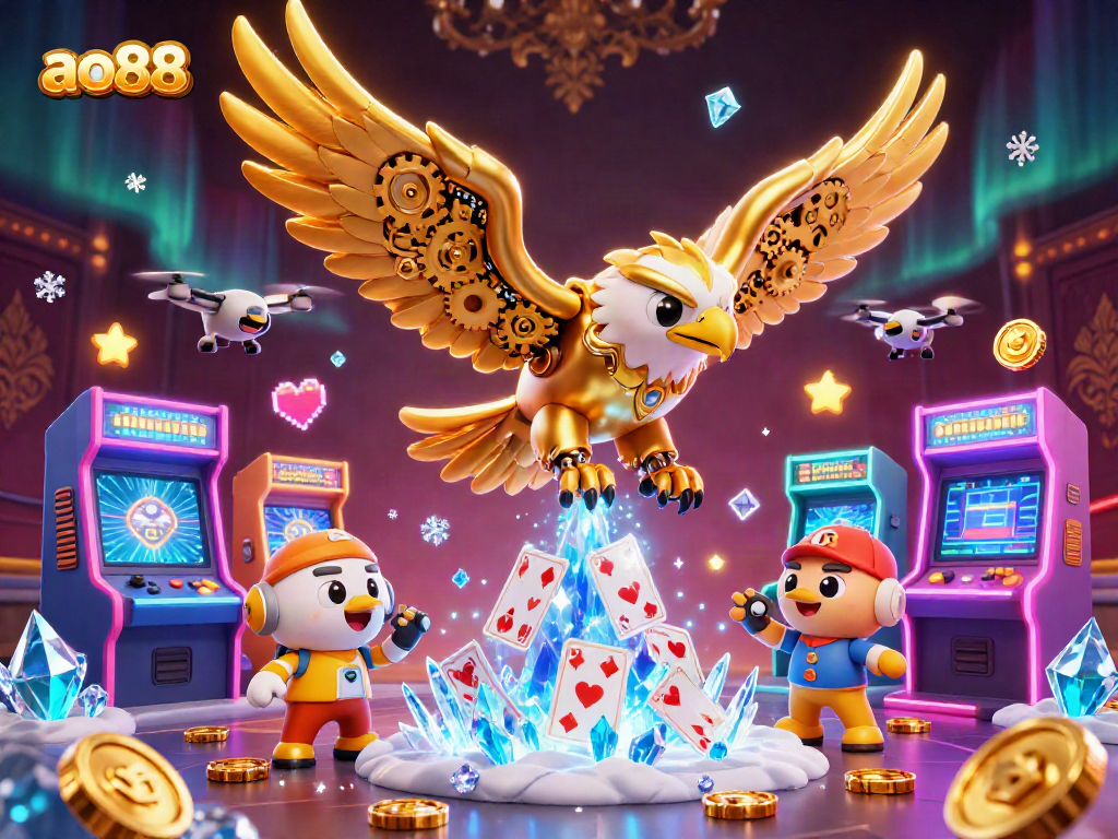 Experience the thrill of ao88 with a cybernetic eagle diving through holographic cards in a vivid casino world.