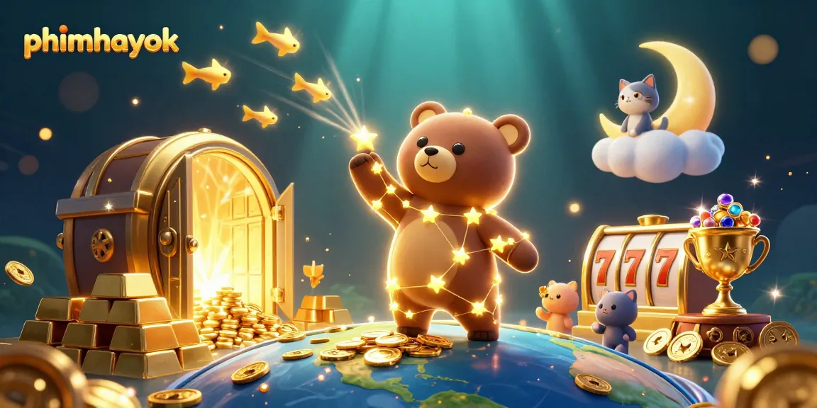 Engage in thrilling casino moments with phimhayok's vibrant gaming scene filled with golden treasures and slot reels.