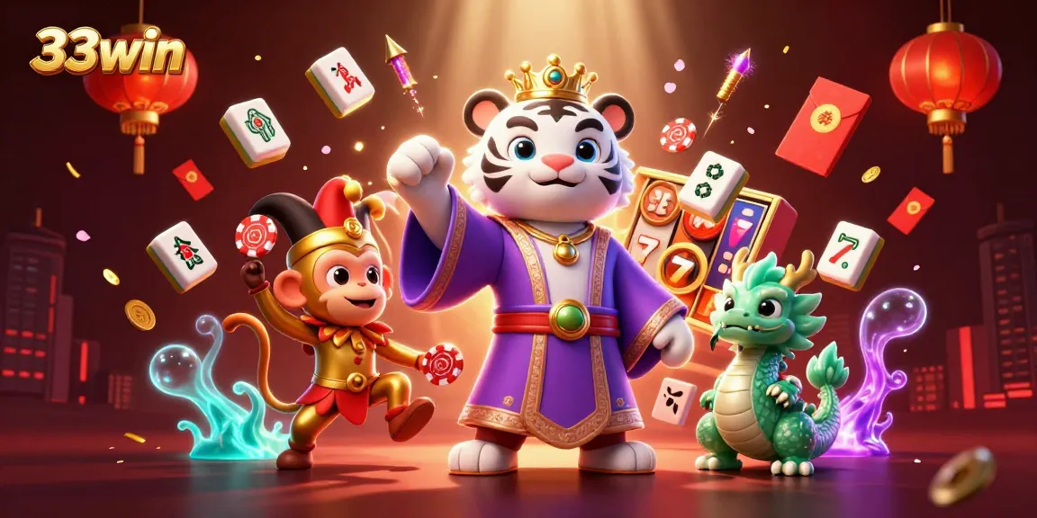33win celebrates luck with vibrant 3D illustration of a royal tiger, monkey, and dragon in a slot game setting.