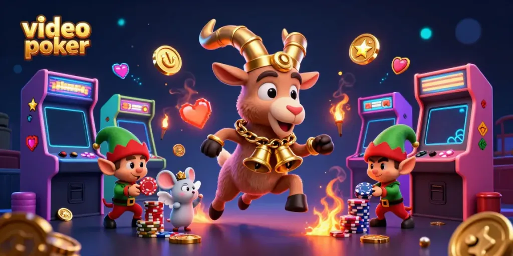Engage in video poker fun with playful characters in a vibrant casino scene full of excitement.