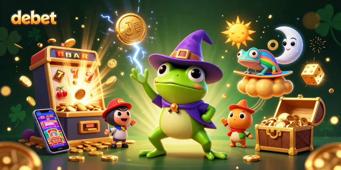 Experience the vibrant debet casino world, where golden coins pour from a slot machine amidst magical characters.