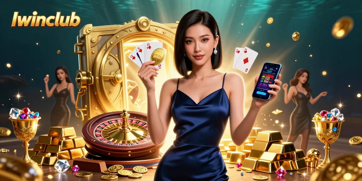 Iwinclub presents a stunning illustration of an Asian woman engaging with a casino app and golden chips.