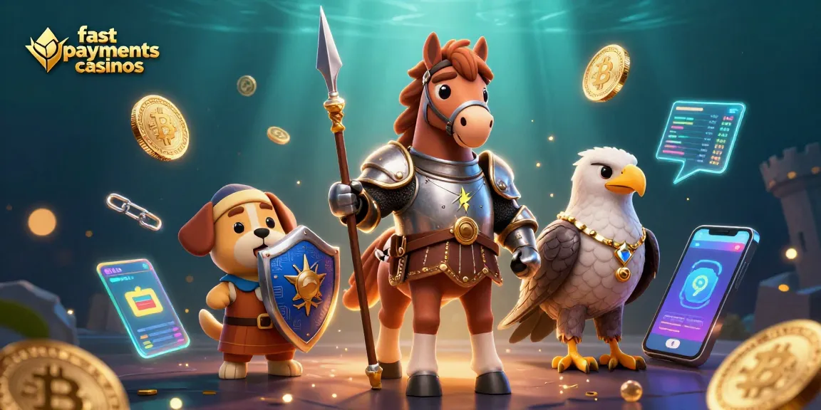 Experience exciting gaming with fast payouts casinos featuring a medieval knight and characters amidst vibrant crypto elements.