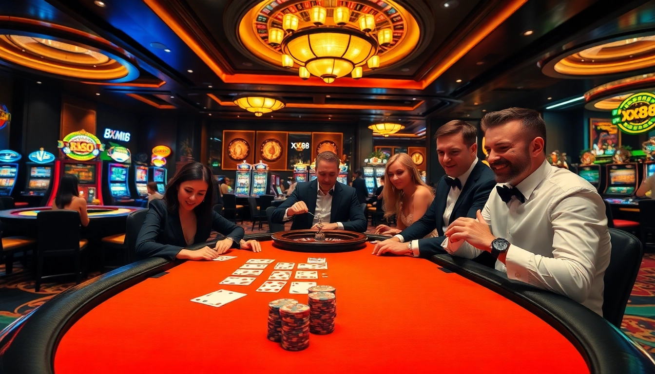 Experience high-stakes gaming at XX88's luxurious casino with vibrant gaming tables and enthusiastic players.