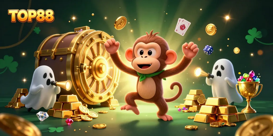 Engaging scene with the poltergeist monkey juggling winnings at TOP88 casino, while a curious puppy watches.