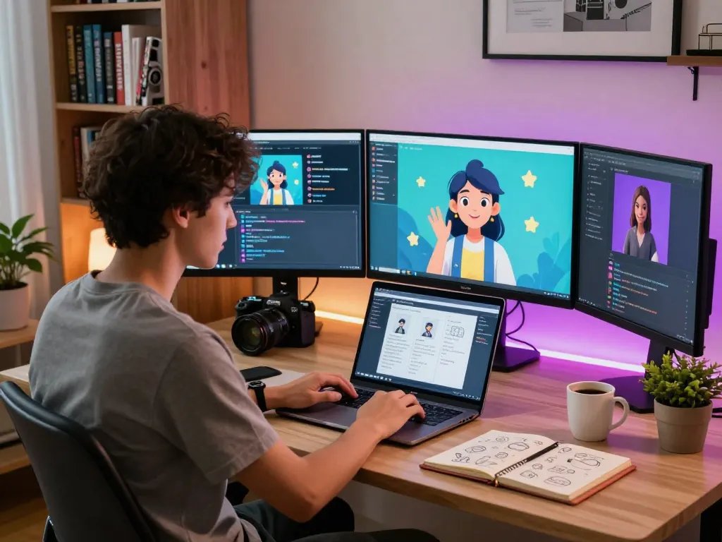 User enjoying an interactive AI experience with crush on ai in a modern home office, showcasing chat interface and character avatars.