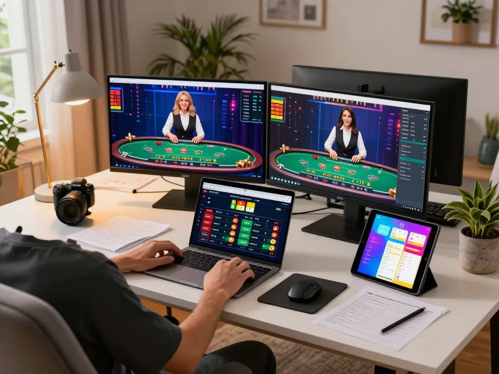 Player engaging with live dealer blackjack on 22ff, surrounded by sports betting screens and strategy notes
