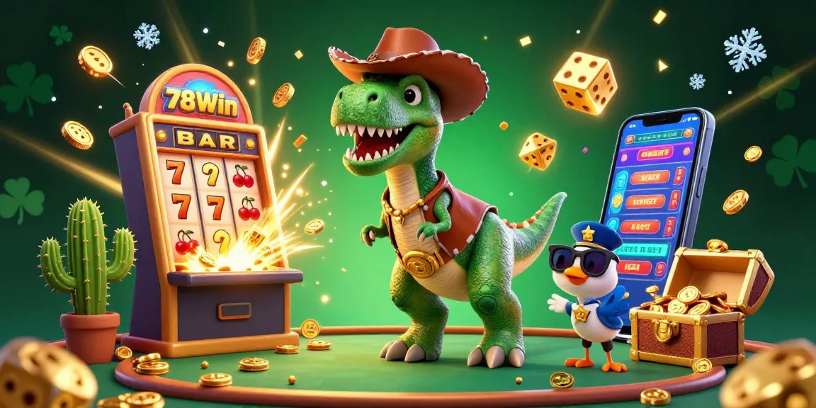 Experience thrilling wins at 78Win in a vibrant 3D casino scene featuring a T-Rex and friends.