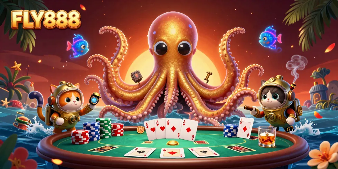 Engage in thrilling gameplay at FLY888 with a vibrant kraken and poker elements.