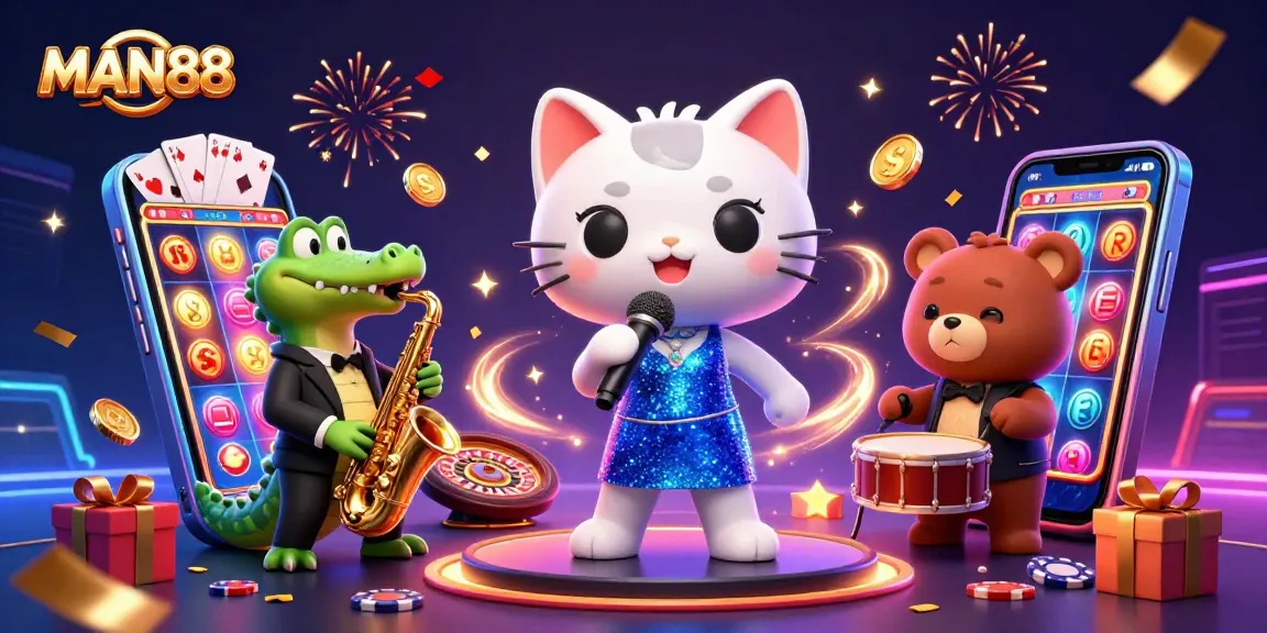 Experience thrilling play with MAN88's vibrant gaming scene featuring a jazz-singer cat, saxophonist crocodile, and drumming bear.