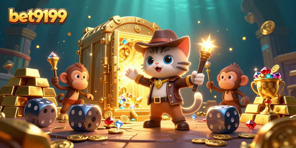 Experience the excitement of bet9199 with a 3D illustration of an explorer cat uncovering casino treasures.