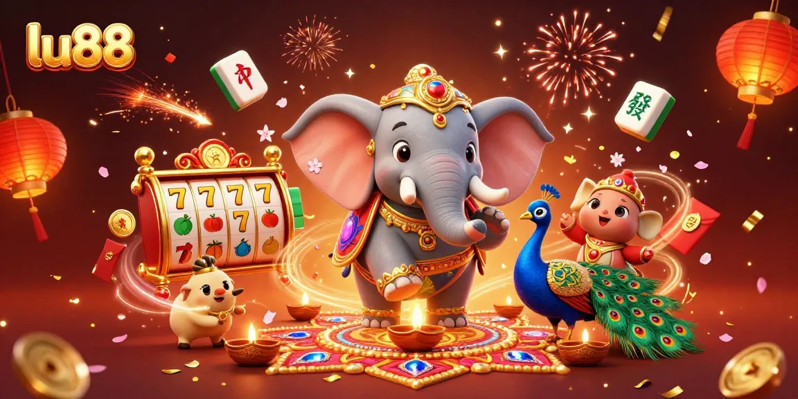 Experience thrilling gaming at lu88 with a vibrant 3D illustration of festive characters and casino elements.