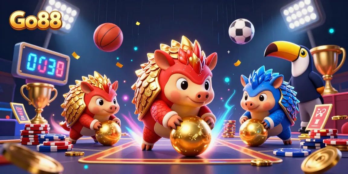 Go88 pangolins compete in a dynamic casino scene filled with sports elements and vibrant energy.