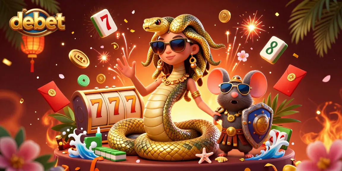 Spin the slots with debet's friendly Medusa and warrior mouse, capturing casino excitement and energy.